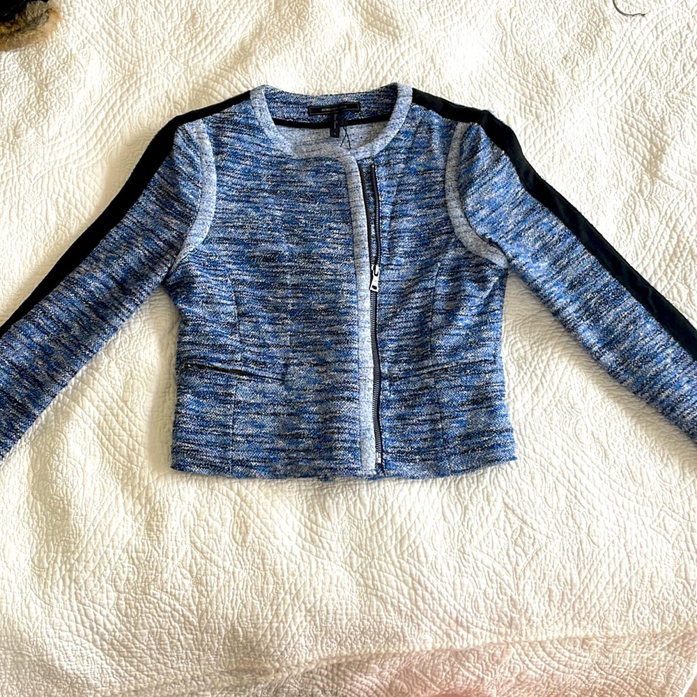 BCBGMAXAZRIA blue tweed jacket with black stripe detailing on arm